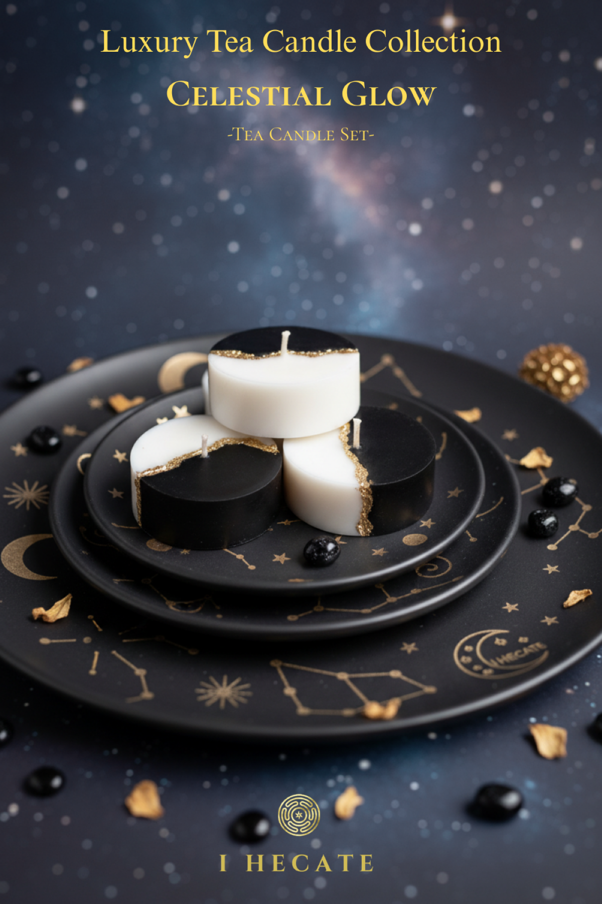 Tea candles on a black plate with celestial designs against a starry night sky, featuring the brand 'I Hecate'.
