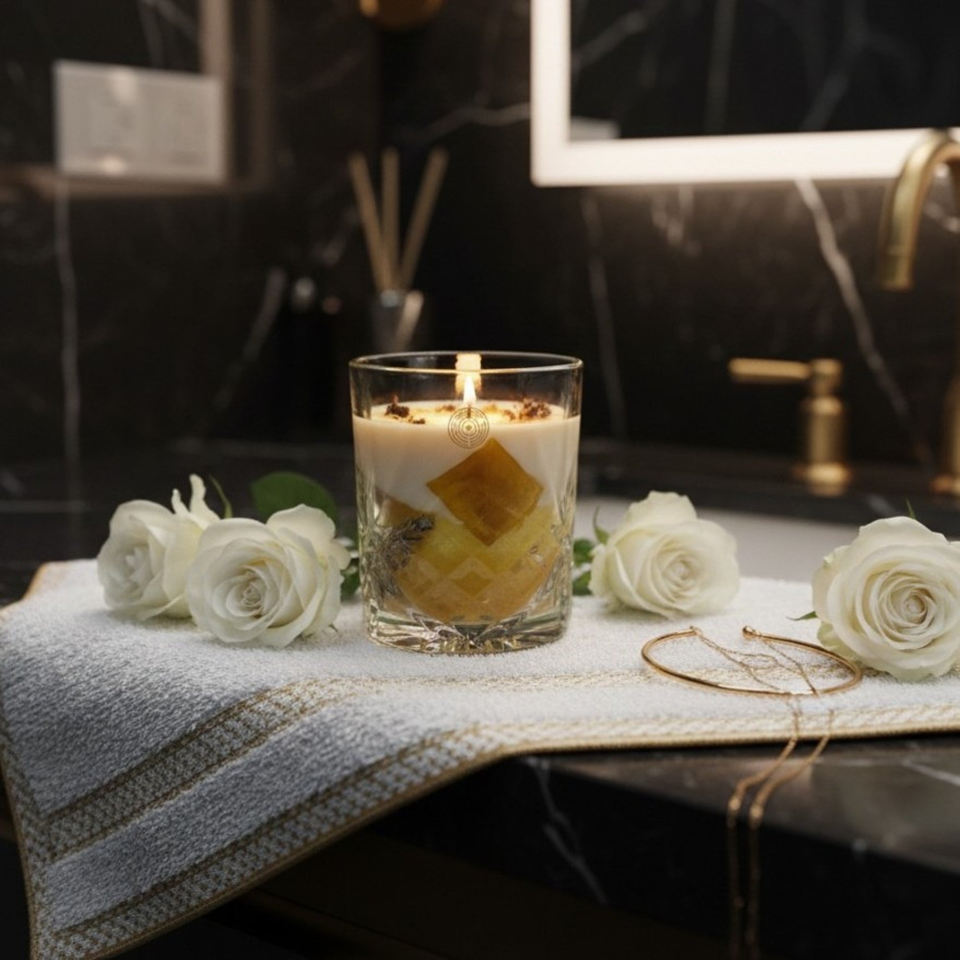 Beeswax candle with decorative elements on a towel in a bathroom setting