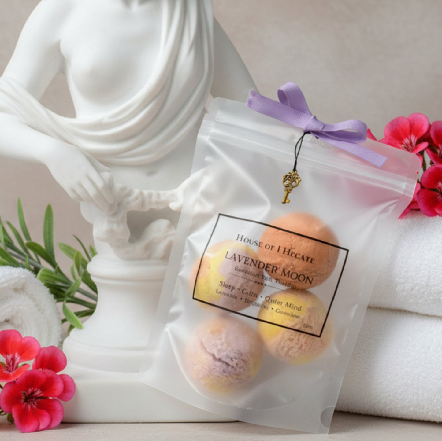 Packaged lavender moon bath truffles with a decorative bow in front of a statue and flowers.