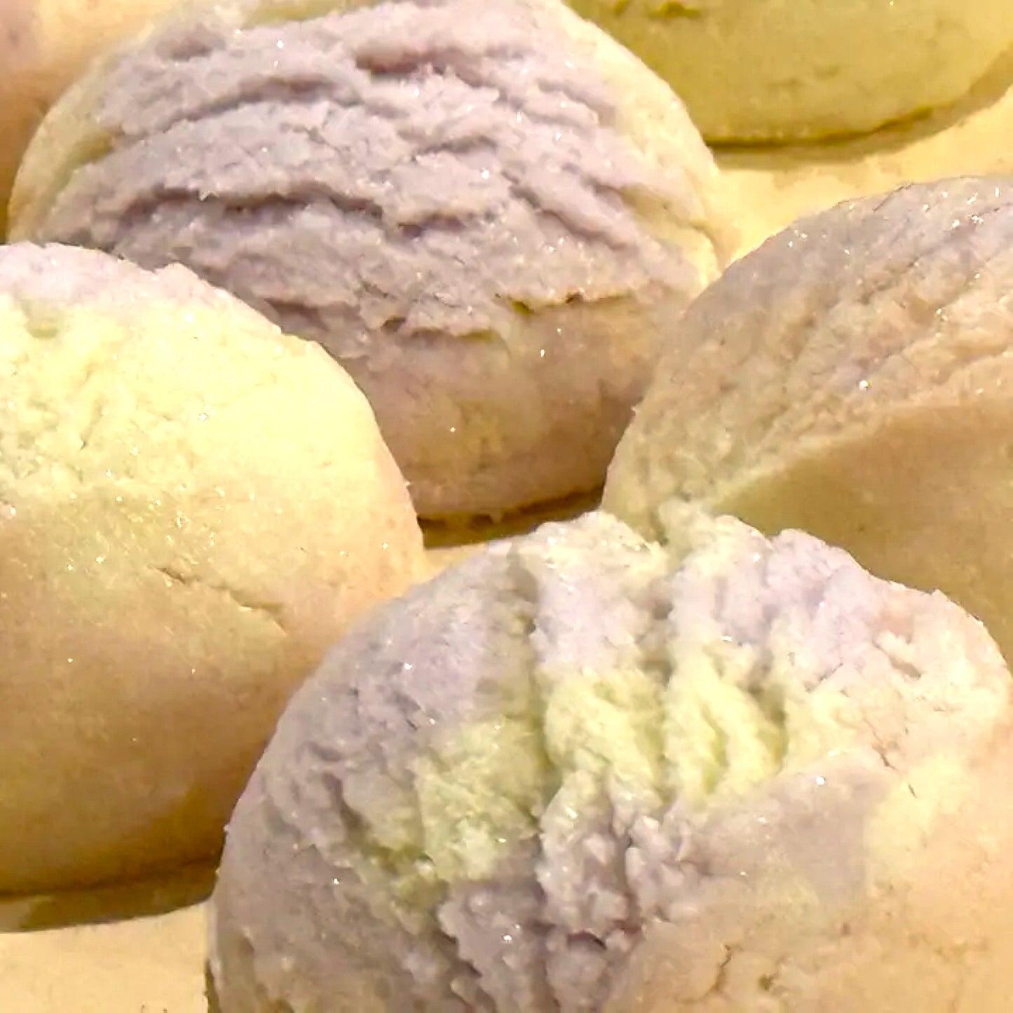 Close-up of bath truffles with a glittery texture